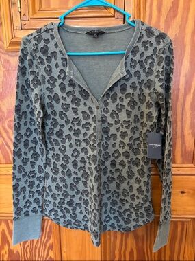 Lucky Brand Olive Green Leopard Henley Long Sleeve Top